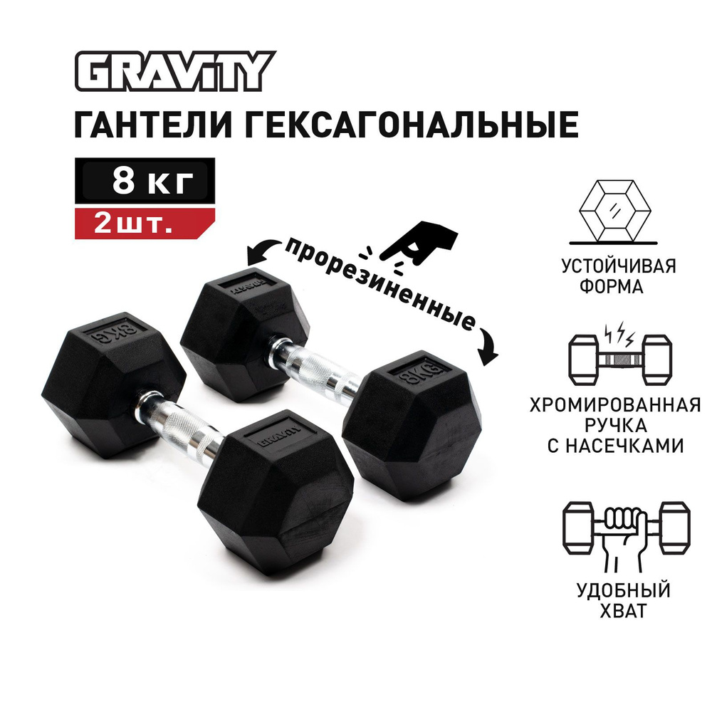 Пара гексагональных гантелей Gravity, вес одной гантели 8 кг, общий вес 16 кг, цвет черный  #1