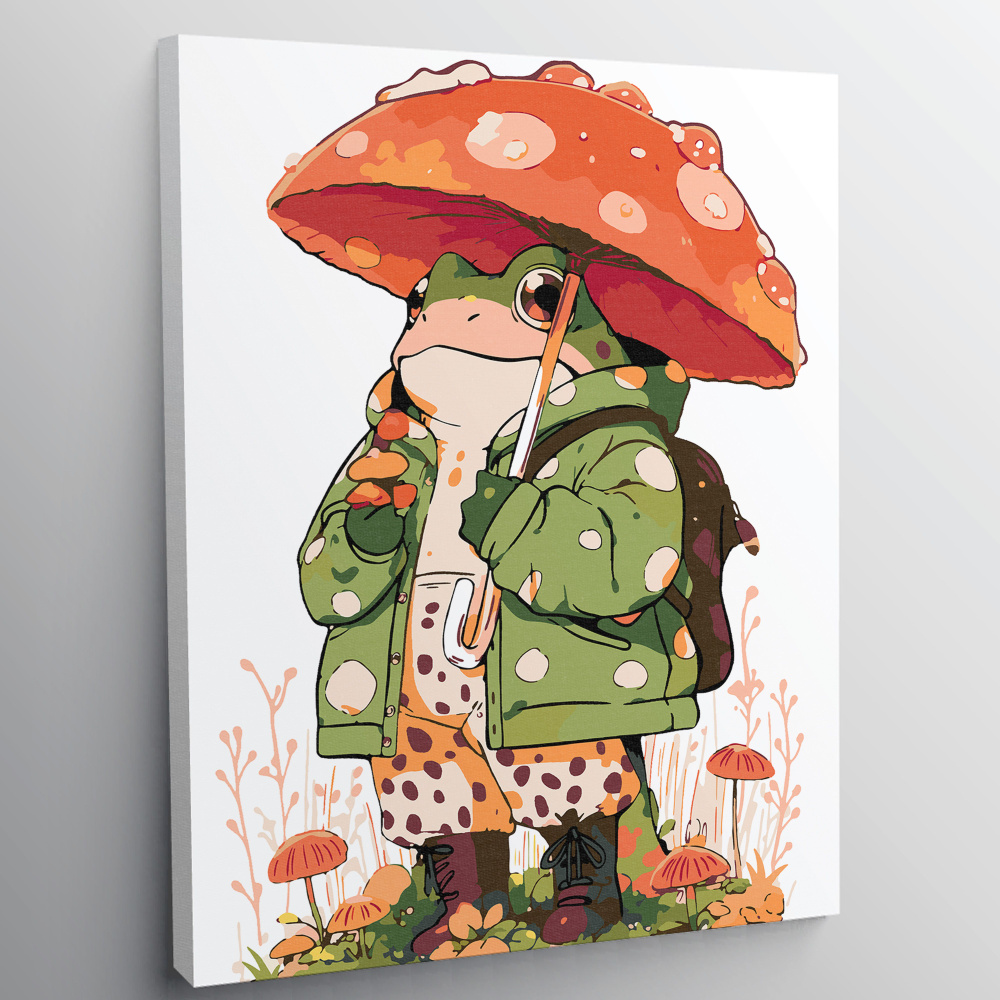 Алмазная мозаика, картина стразами без подрамника - Лягушка с мухоморным зонтиком - Животные, для детей #1