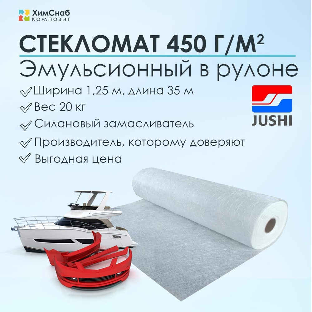 Стекломат 450 г/м2, ширина 1,25 м, длина 35 м, вес 20 кг, JUSHI, эмульсионный, для изготовления и ремонта #1