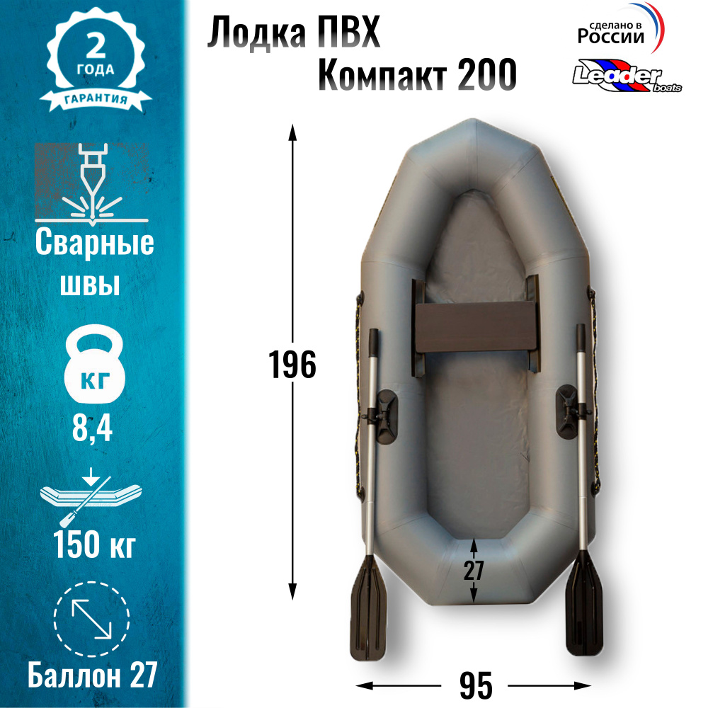 Лодка ПВХ "Компакт-200М" гребная (цвет серый)/Leader boats #1
