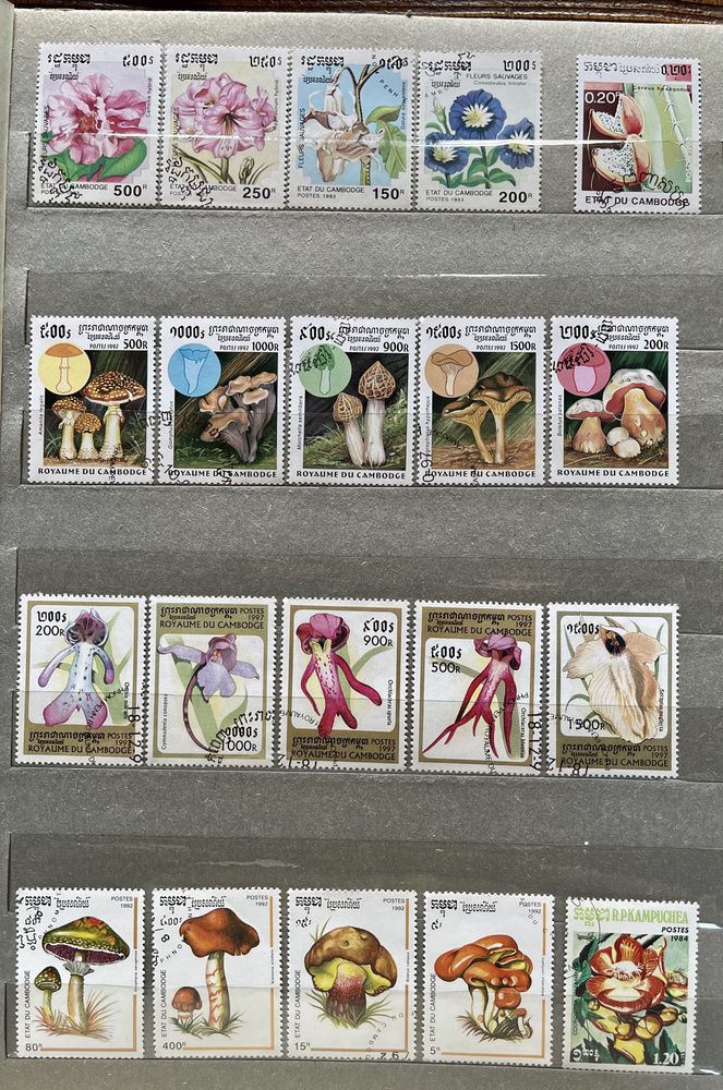 МАРКИ почтовые тематические ФЛОРА (цветы, грибы) Кампучия, Камбоджа 50 марок, без повторов  #1