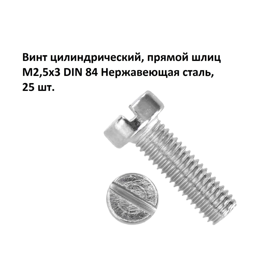 Винт цилиндрический, прямой шлиц М2,5х3 DIN 84 Нержавеющая сталь, 25 шт.  #1