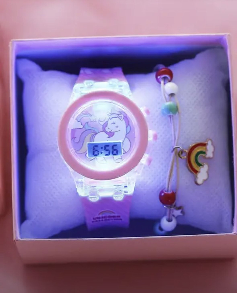 Часы детские наручные светящиеся единорог/ комплект - часы с единорогом и браслетом для девочек/ подарок #1