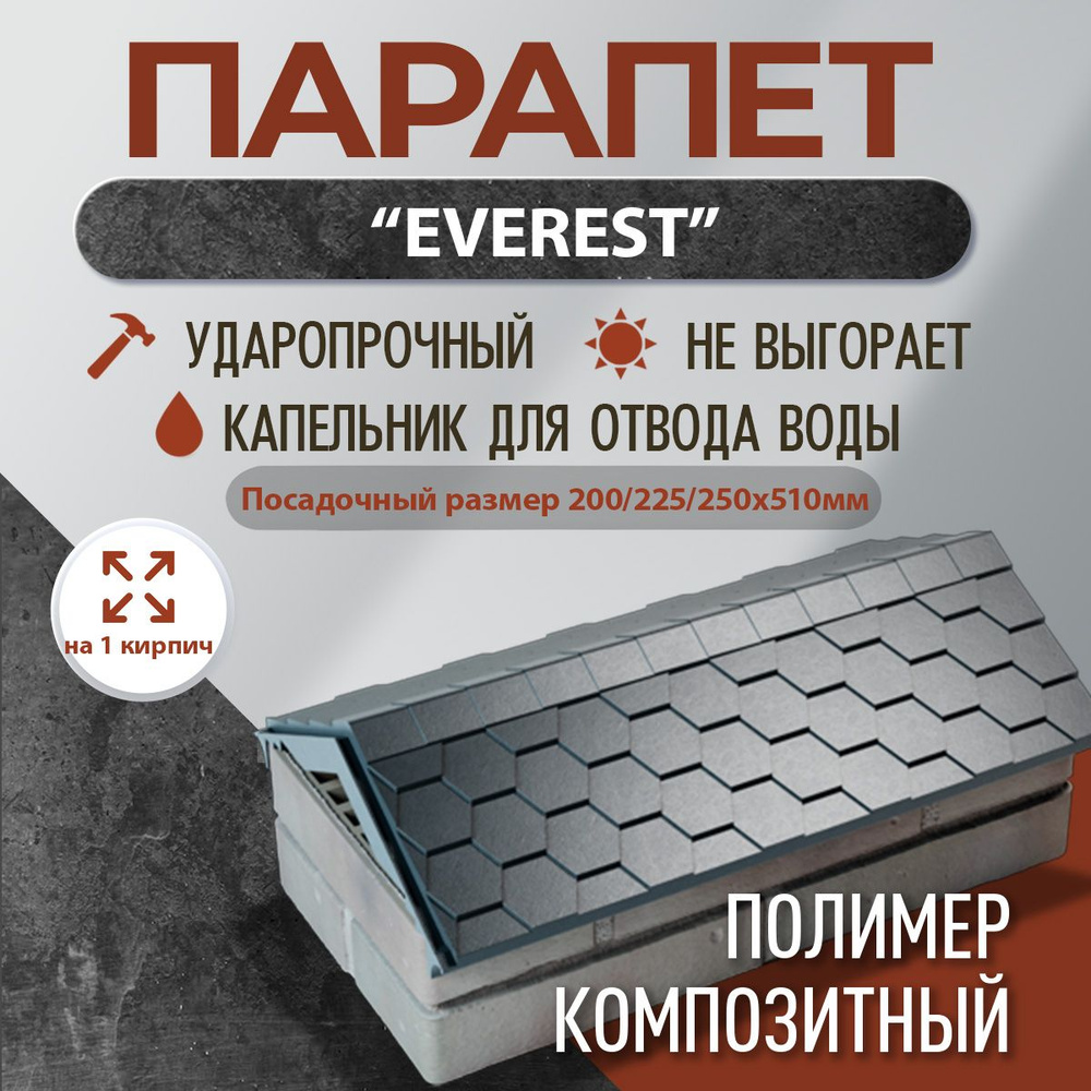 Парапет полимер-композитный Everest, 200/225/250*510 (1 кирпич), серый  #1