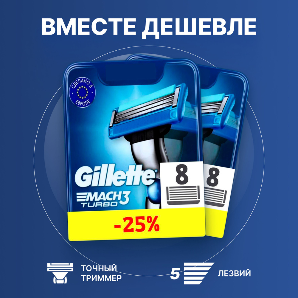 Сменные кассеты Gillette Mach Turbo с 3 лезвиями для бритья, 16 шт / Лезвия для бритвы Джилет мужские #1