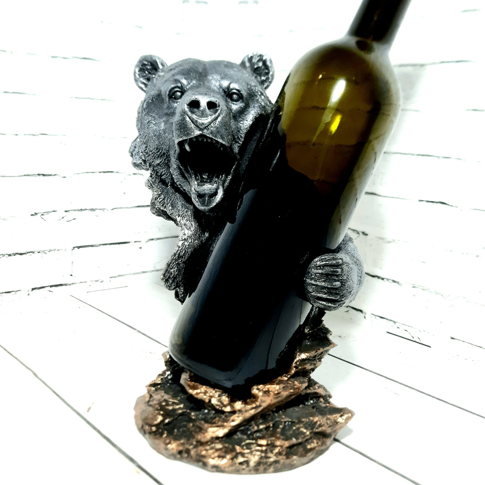 Держатель для бутылок интерьерный "Медведь оскал" 14*12.5*25см, серебро/бронза, материал полистоун.  #1