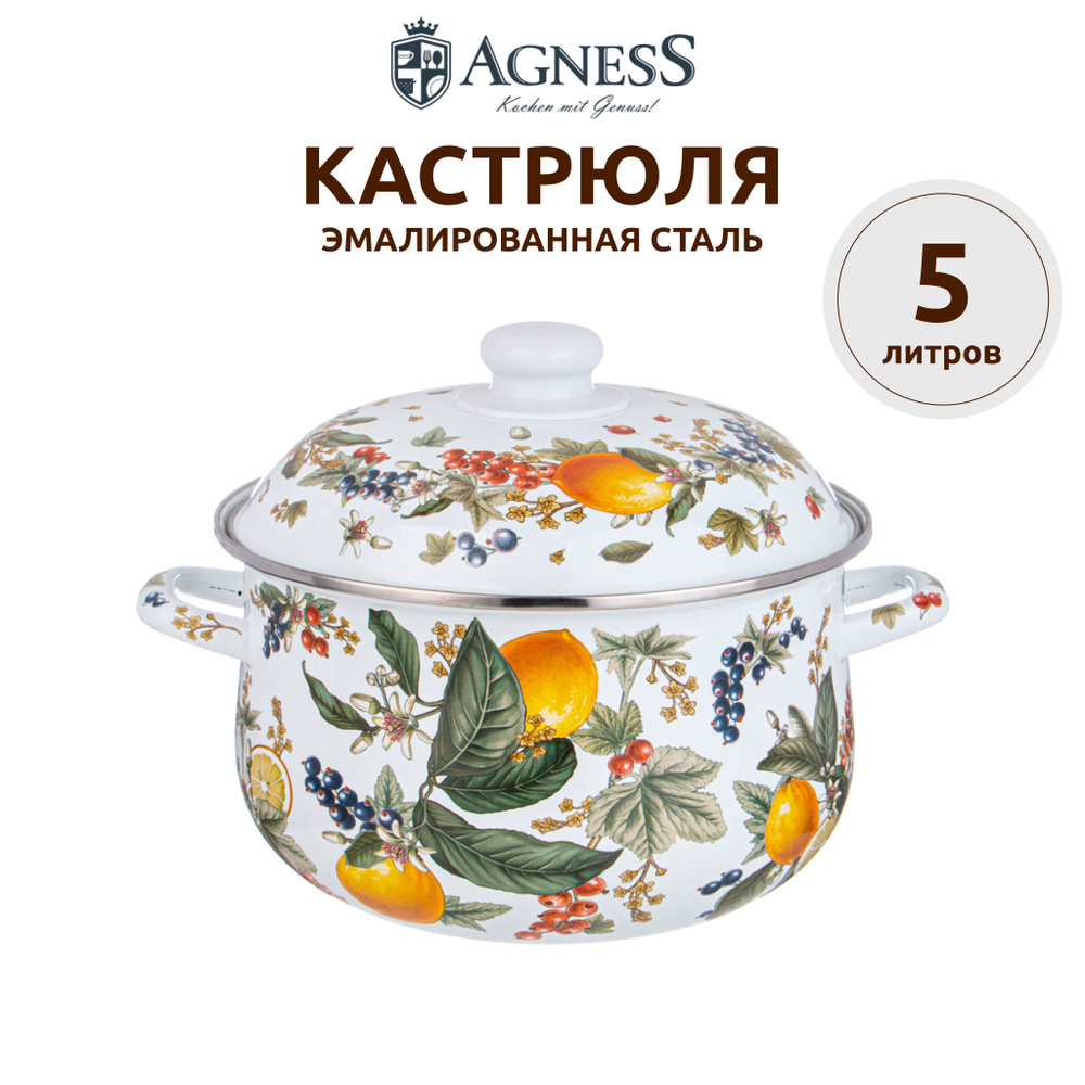 Кастрюля эмалированная 5 литров Agness "Фруктовая корзина" для всех видов плит 24 х 14 см  #1