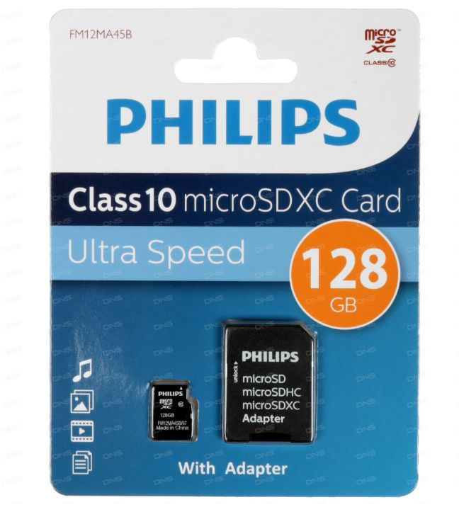 Флеш карта microSD 128GB PHILIPS microSDXC Class 10 (SD адаптер) #1