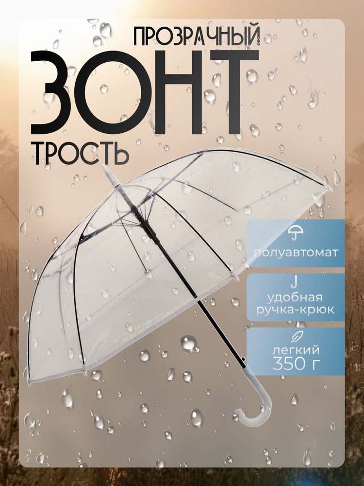 Зонт-трость "Прозрачный" с белой окантовкой, диаметр 98 см  #1