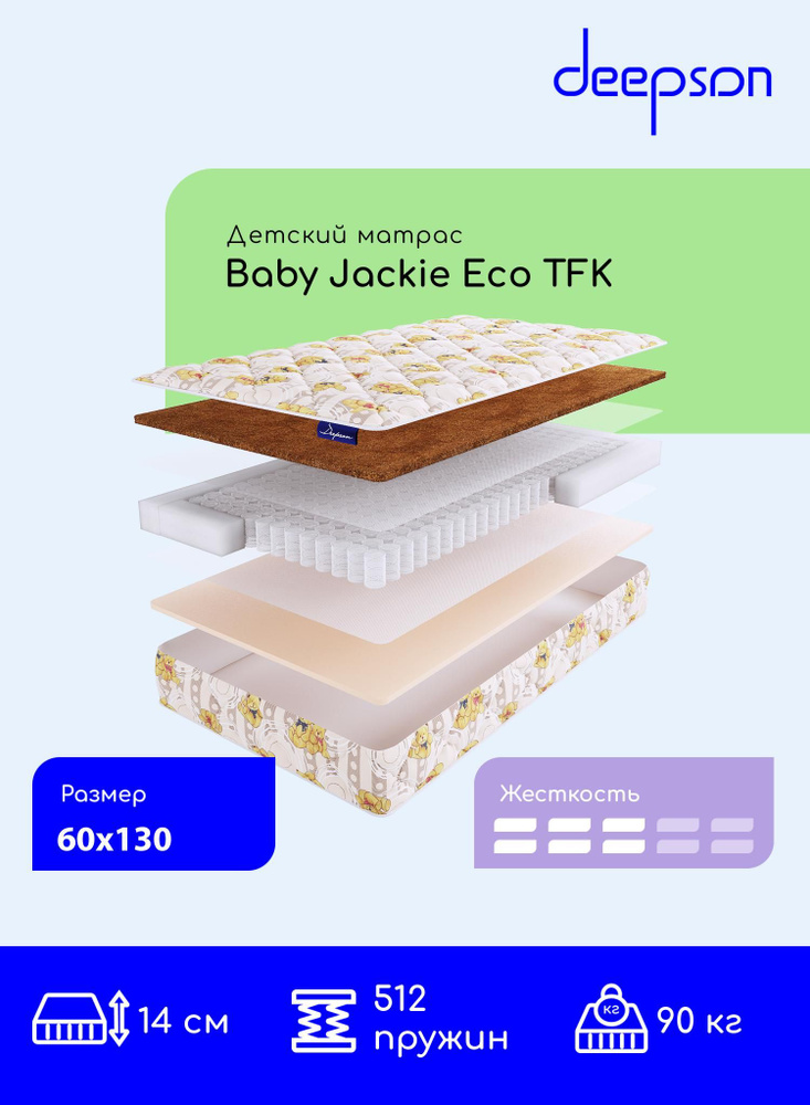 Матрас детский Deepson Baby Jackie Eco EVS 500 средней и высокой жесткости, односпальный, пружинный, #1