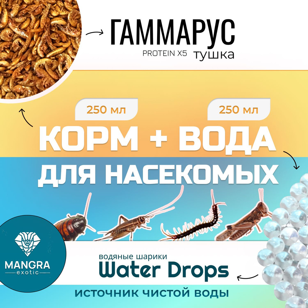 Корм + вода для насекомых MANGRA exotic: водяные шарики "Water Drops" (250 мл) + гаммарус тушка "PROTEIN #1