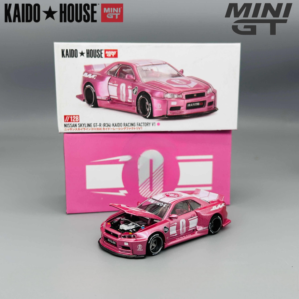 Машинка KAIDO HOUSE Mini Gt 1/64 KHMG128 Nissan Skyline GT-R R34 #0 RACING Factory V1 Metallic Pink Die-cast #1