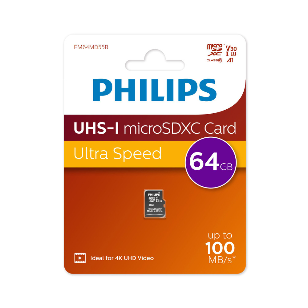 Флеш карта microSD 64GB PHILIPS High Speed microSDXC Class UHS-I U3, V30, A1, 100MB/s #1