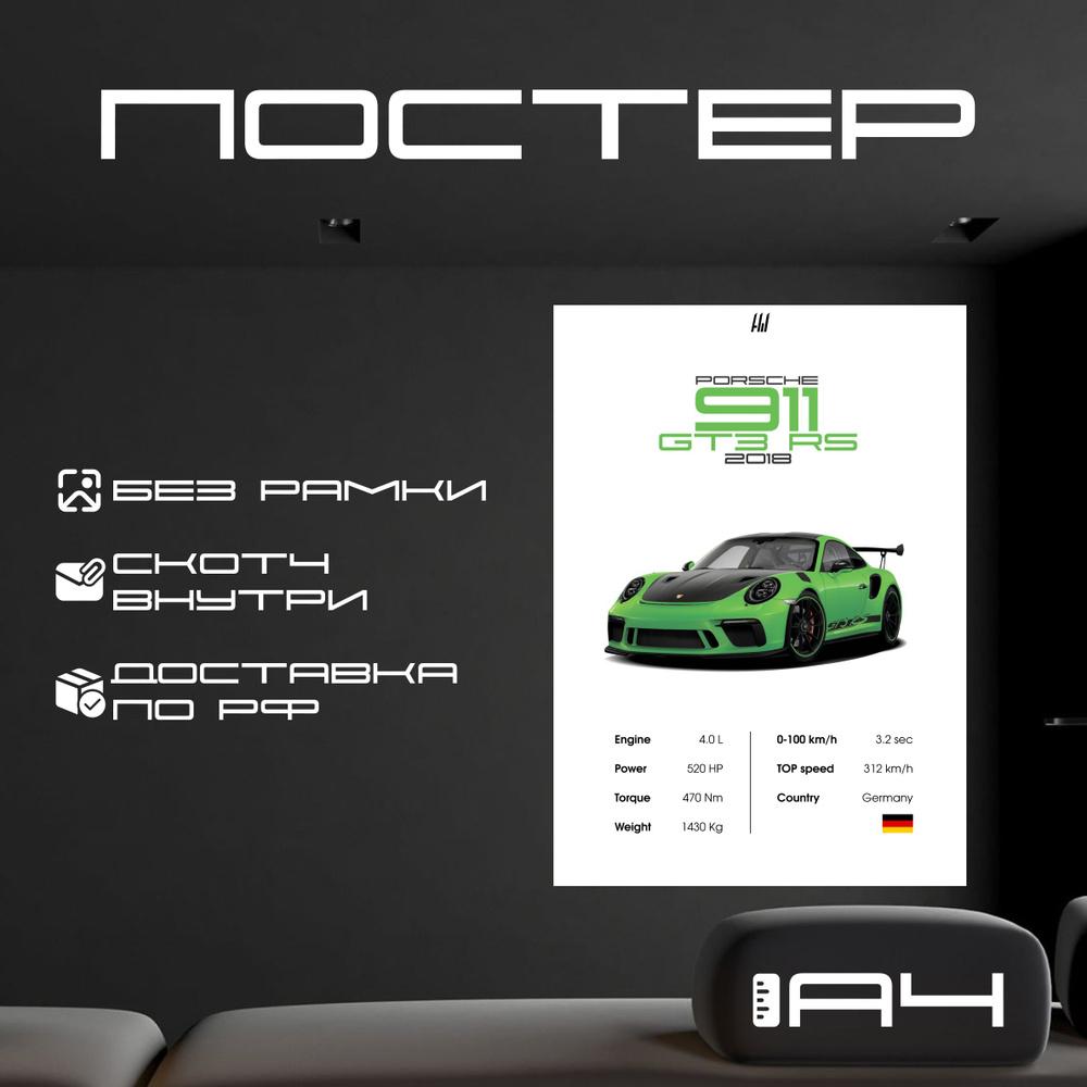 Постер "PORSCHE 911 GT3 RS с характеристиками без рамки, формат А4", 29.7 см х 21 см  #1