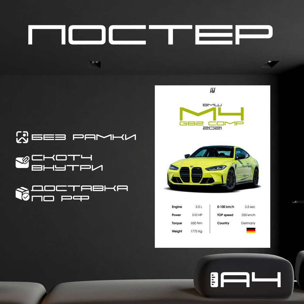 Постер "BMW M4 G82 COMPETITION с характеристиками без рамки, формат А4", 29.7 см х 21 см  #1