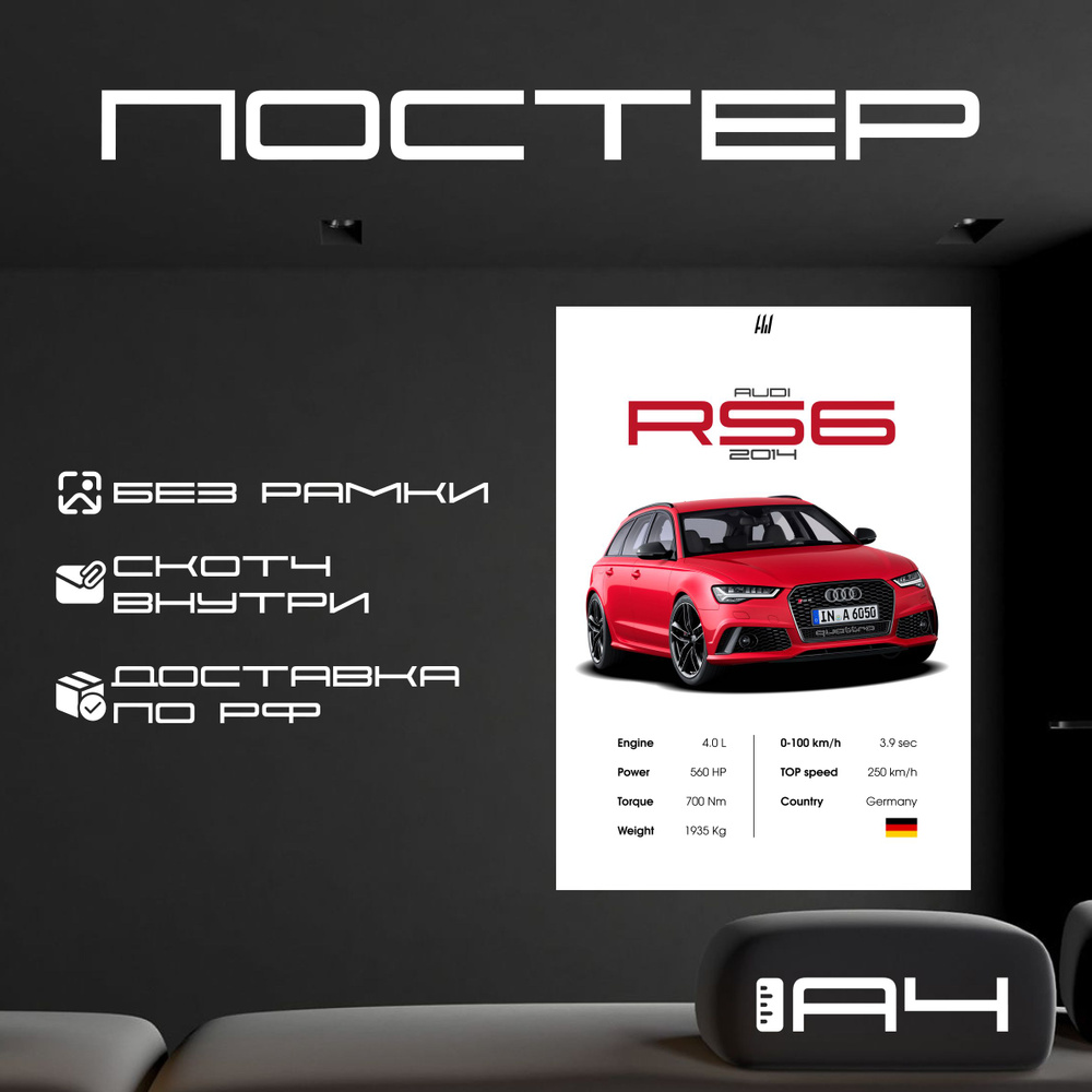 Постер "AUDI RS6 2014 с характеристиками без рамки, формат А4", 29.7 см х 21 см  #1