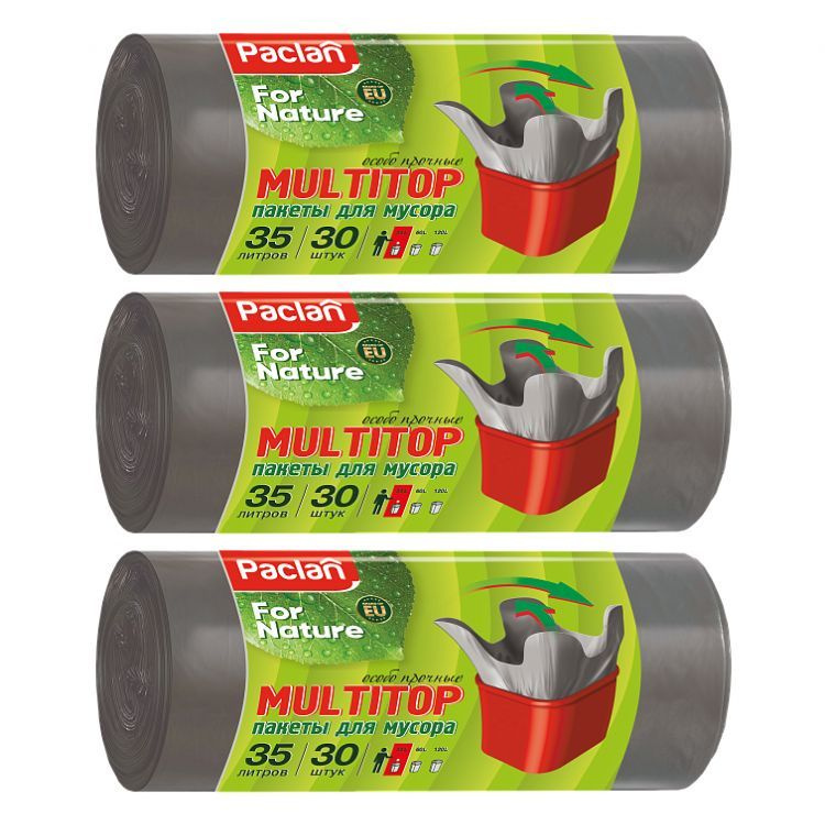 Мешки для мусора Paclan for nature Multitop с завязками-ушками 35 л., 3 упаковки (90 шт)  #1