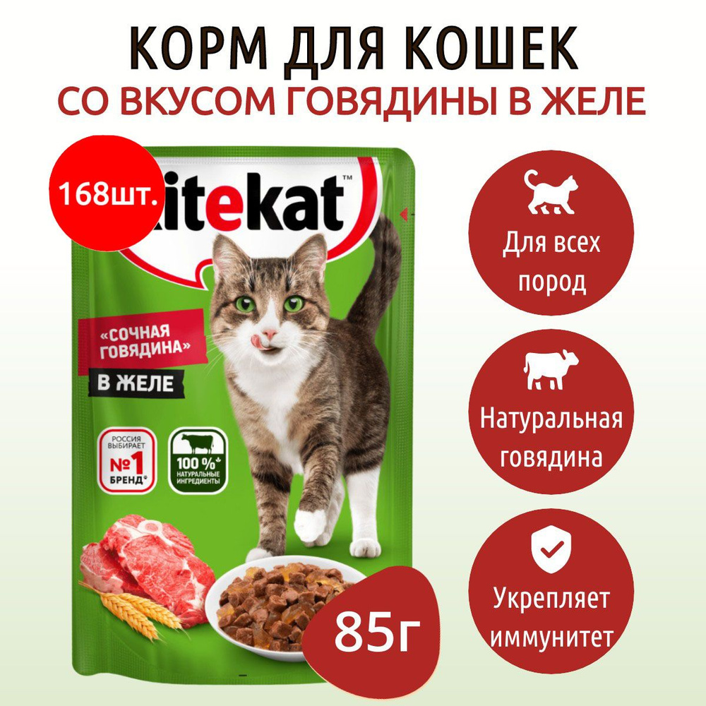 Влажный корм Kitekat 14280 г (168 упаковок по 85 грамм) для кошек Говядина в желе, в паучах  #1