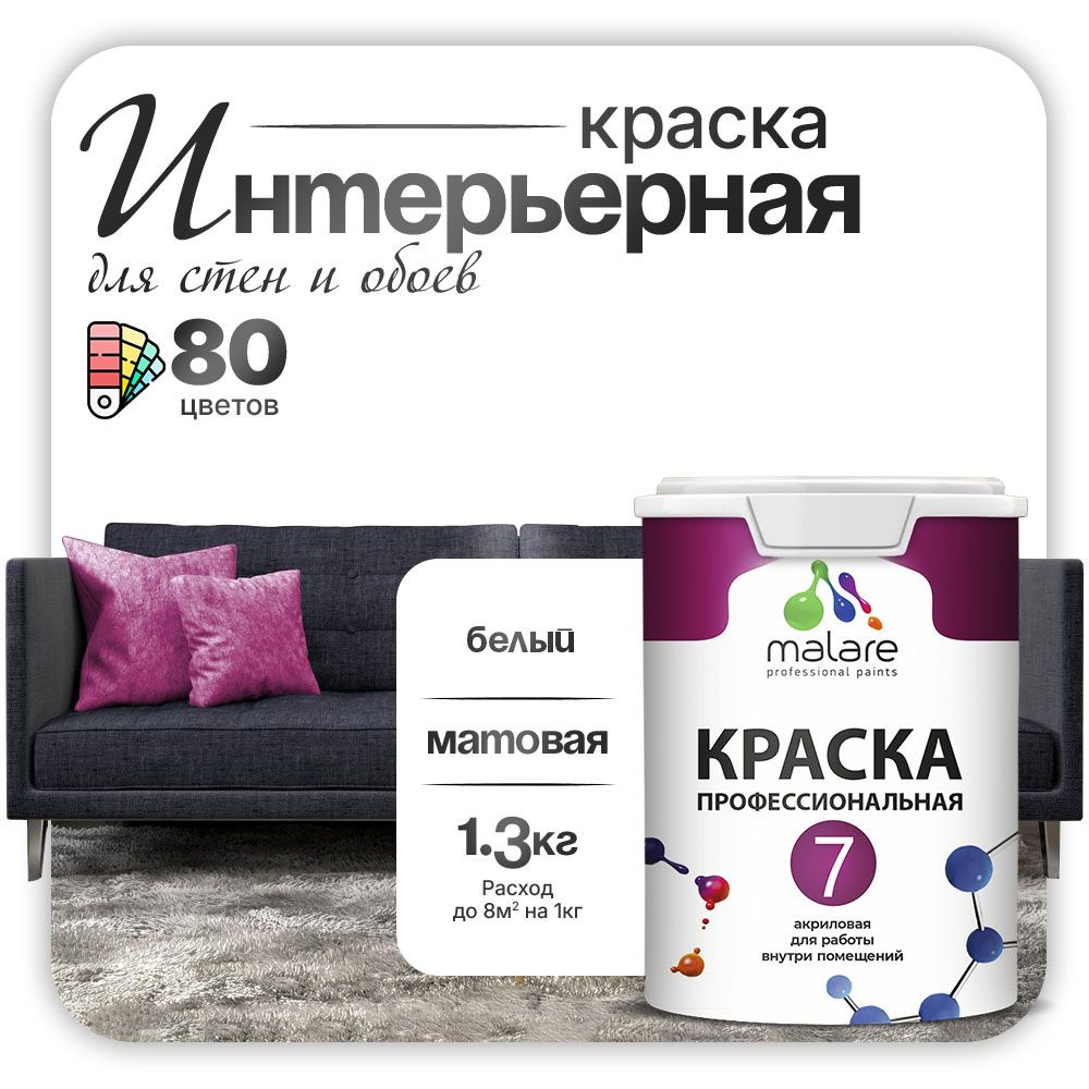 Краска Malare Professional Euro №7 интерьерная для стен и обоев, для потолка, акриловая, быстросохнущая, #1