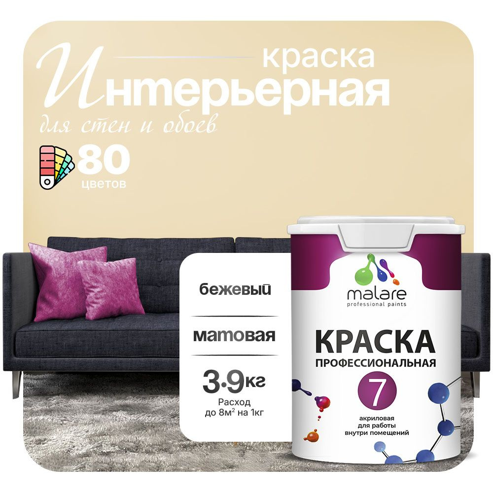 Краска Malare Professional Euro №7 интерьерная для стен и обоев, для потолка, акриловая, быстросохнущая, #1