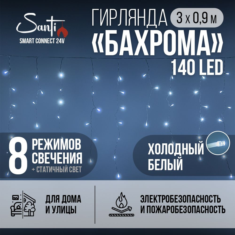 Гирлянда Бахрома Smart connect 24V 140LED 3х0,9 м, холодный белый, IP44 ПВХ, прозрачный провод, 8 функций #1