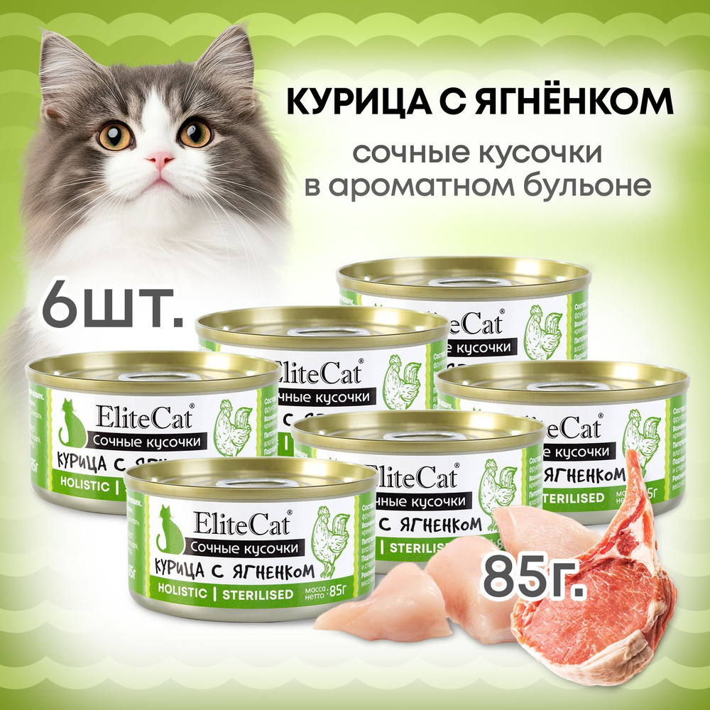 Корм лакомство для кошек влажный ELITECAT консервы сочные кусочки "Курица с ягненком", 85гр КОМПЛЕКТх6 #1