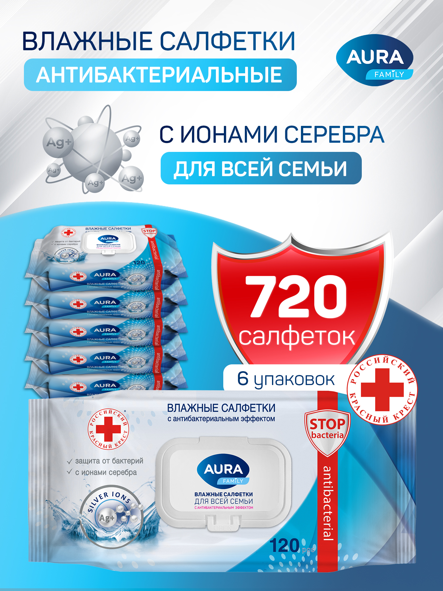 ВлажныесалфеткидлявсейсемьиАНТИБАКТЕРИАЛЬНЫЕскрышкой,720шт(120штх6),AURAFAMILY,Детские