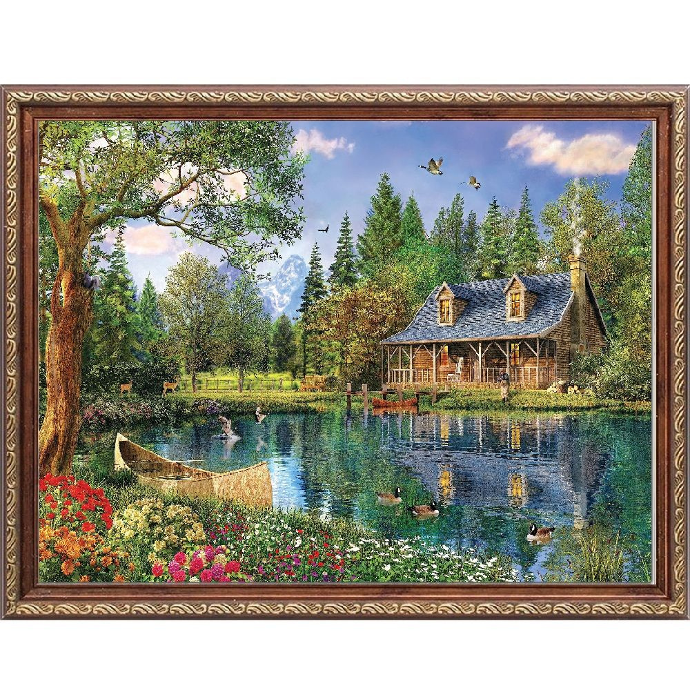 Алмазная мозаика /картина стразами "Уютный дом у озера", 50х40 полная выкладка, без подрамника  #1