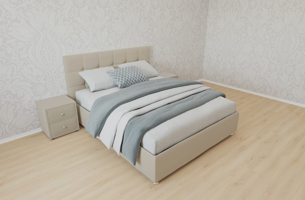 Двуспальная кровать Афина с матрасом 140x200 с подъемным механизмом и с коробом для белья велюр бежевый #1