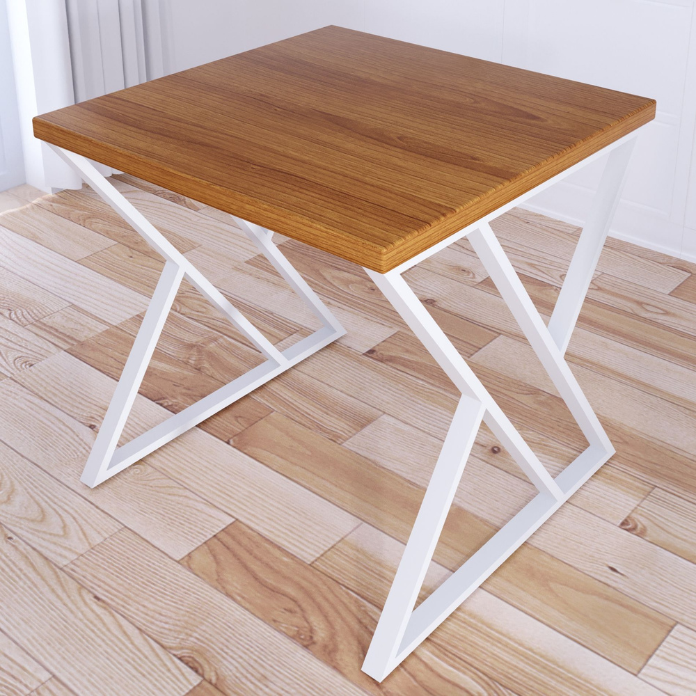 Стол кухонный Loft с квадратной столешницей цвета ольхи из массива сосны 40 мм и белыми металлическими #1
