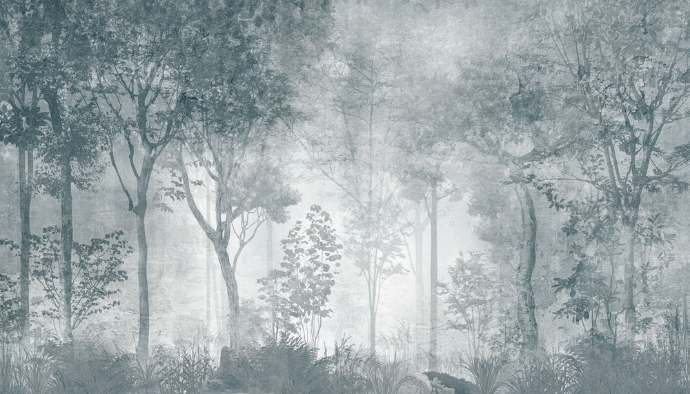 Фотообои флизелиновые на стену 3д GrandPik 10319 Лофт "Лес, деревья в тумане, винтаж, синий" (ШхВ), 420х240 #1