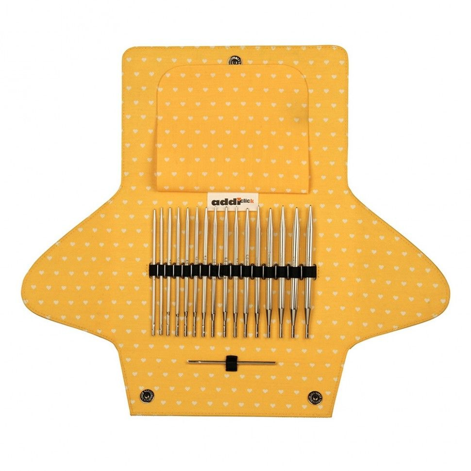 Набор круговых никелированных спиц для вязания со сменными лесками AddiClick Mix 670-2 желтый чехол  #1