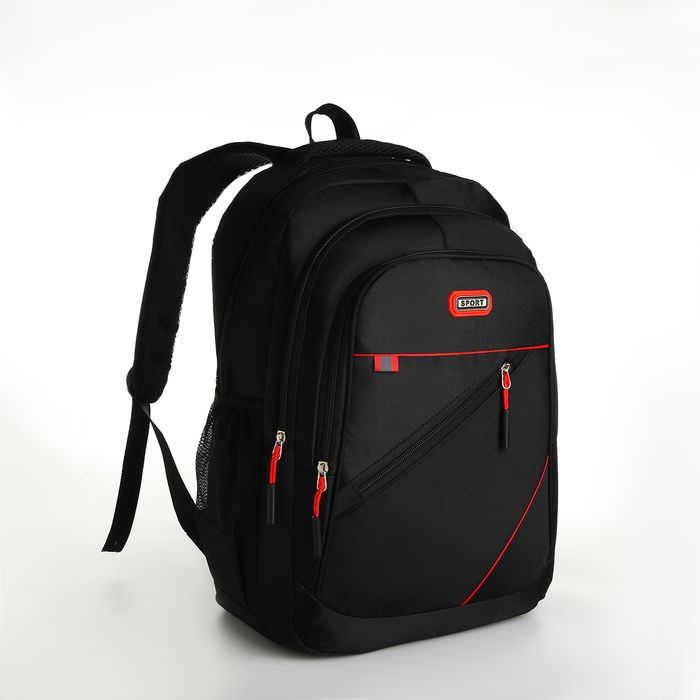 Рюкзак молодёжный из текстиля на молнии, 5 карманов, цвет чёрный/красный (1 полоска)  #1