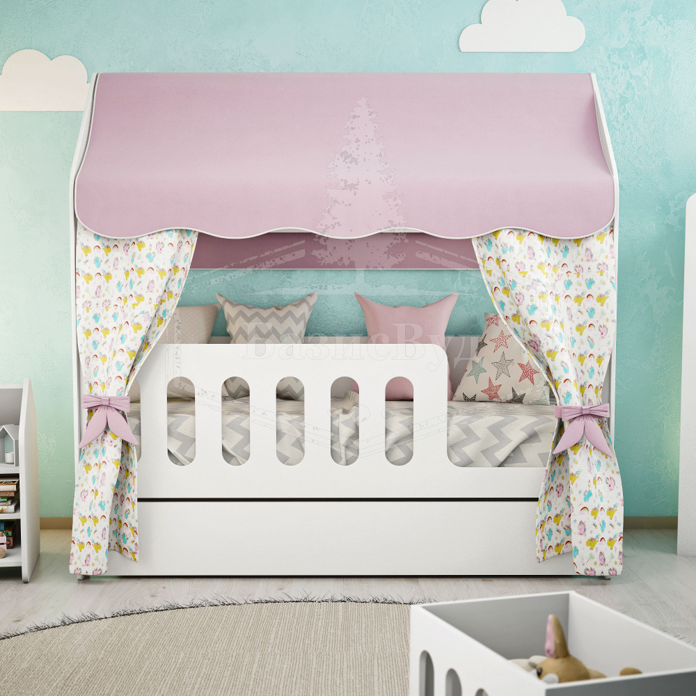 Кровать-домик, Кровать детская с бортиком под матрас 160х80, БазисВуд "Классик" с текстилем (розовый, #1