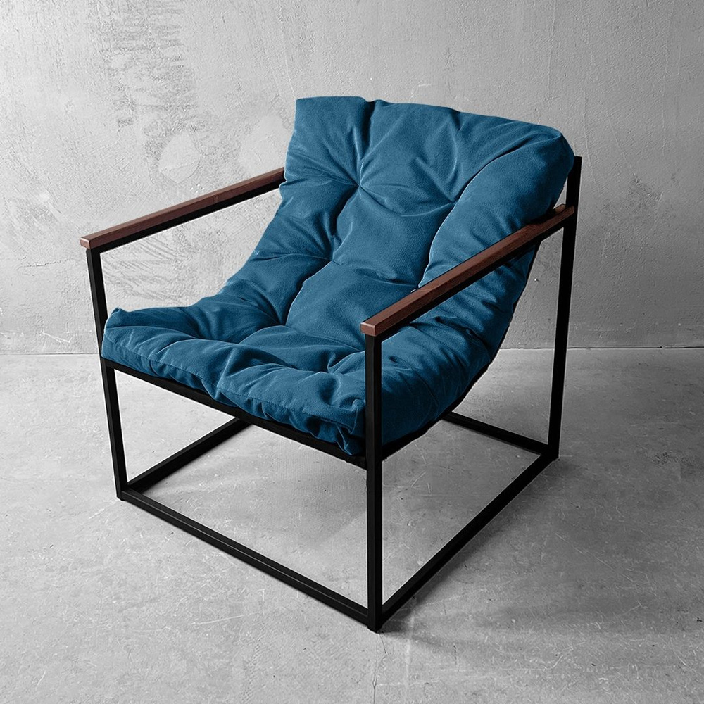 Кресло в стиле лофт Лофтовик комфи, Синий велюр для гостиной, офиса ,кабинета, для отдыха , с подлокотниками, #1