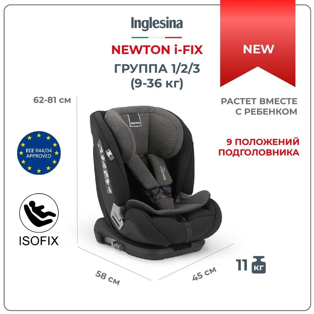 Автокресло детское Inglesina NEWTON 1.2.3 IFIX Vulcan Black черный, детское кресло с 9 месяцев до 12 #1