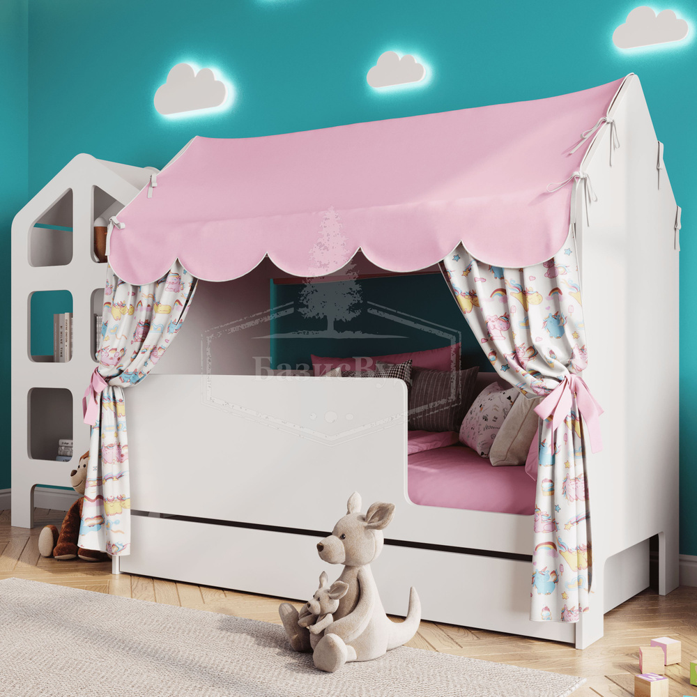 Кровать-домик, Кровать детская с бортиком под матрас 160х80, БазисВуд "Базовый" с текстилем (розовый, #1