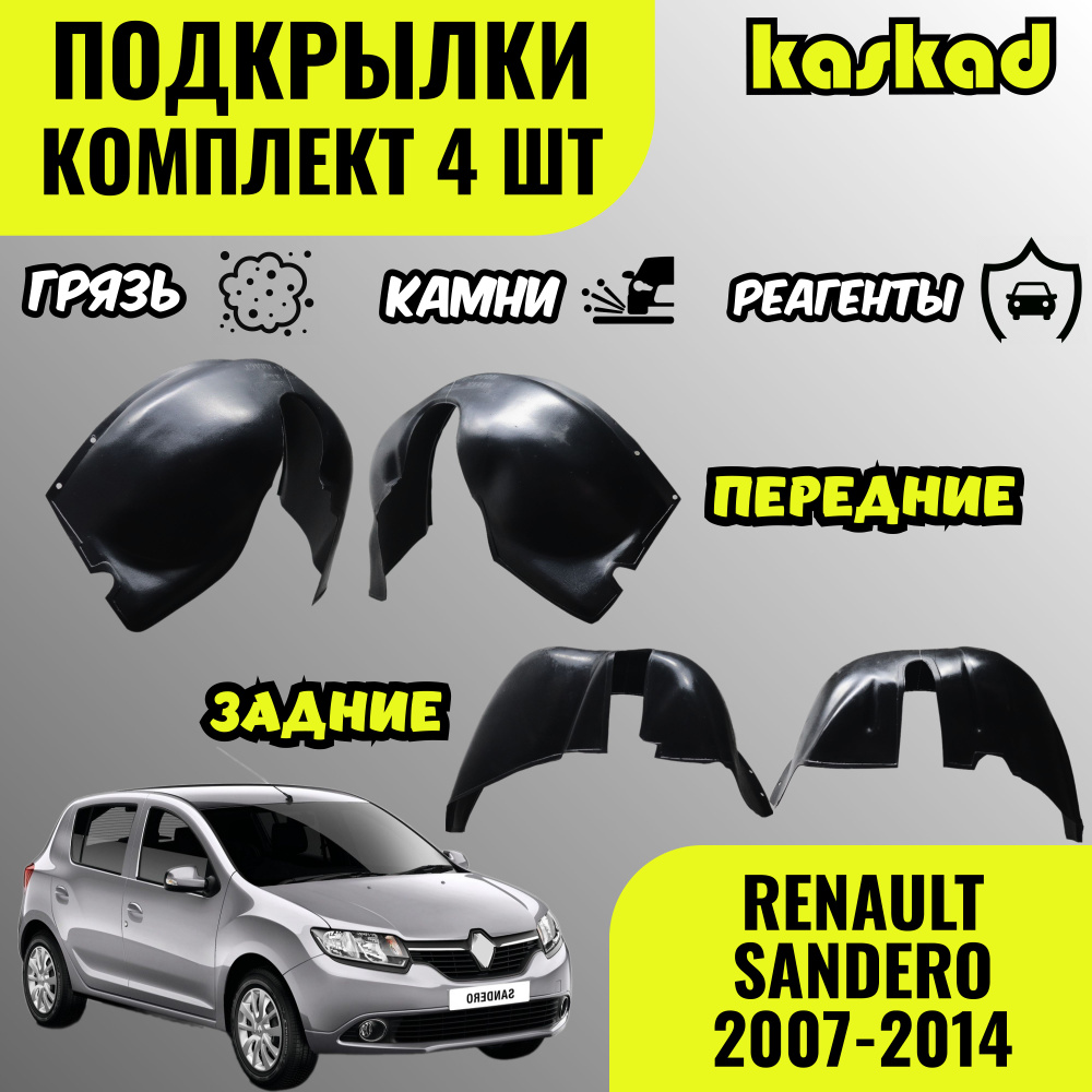 Подкрылки Рено Сандеро, комплект, 2007-2014 год, 4 штуки, локеры передние и задние, защита колесных арок #1