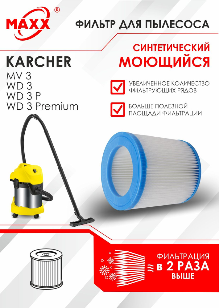 Патронный фильтр синтетический, моющийся для пылесоса Karcher WD 3, WD 3 P, WD 3 Premium , MV 3  #1