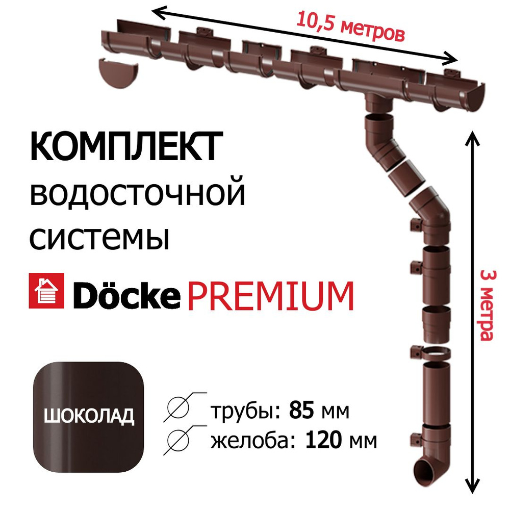 Водосточная система, Docke Premium, 10,5м/3м, RAL 8019, цвет шоколад, , водосток для крыши дома.  #1