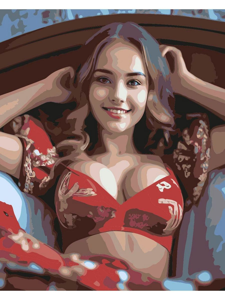 Картина по номерам Девушка в красном на холсте с деревянным подрамником размер 40х50, акриловые краски, #1