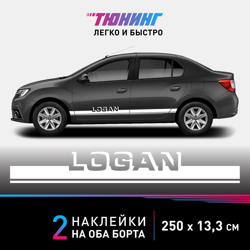 Наклейки на автомобиль Renault Logan (Рено Логан) - белые полосы на авто на ДВА борта  #1