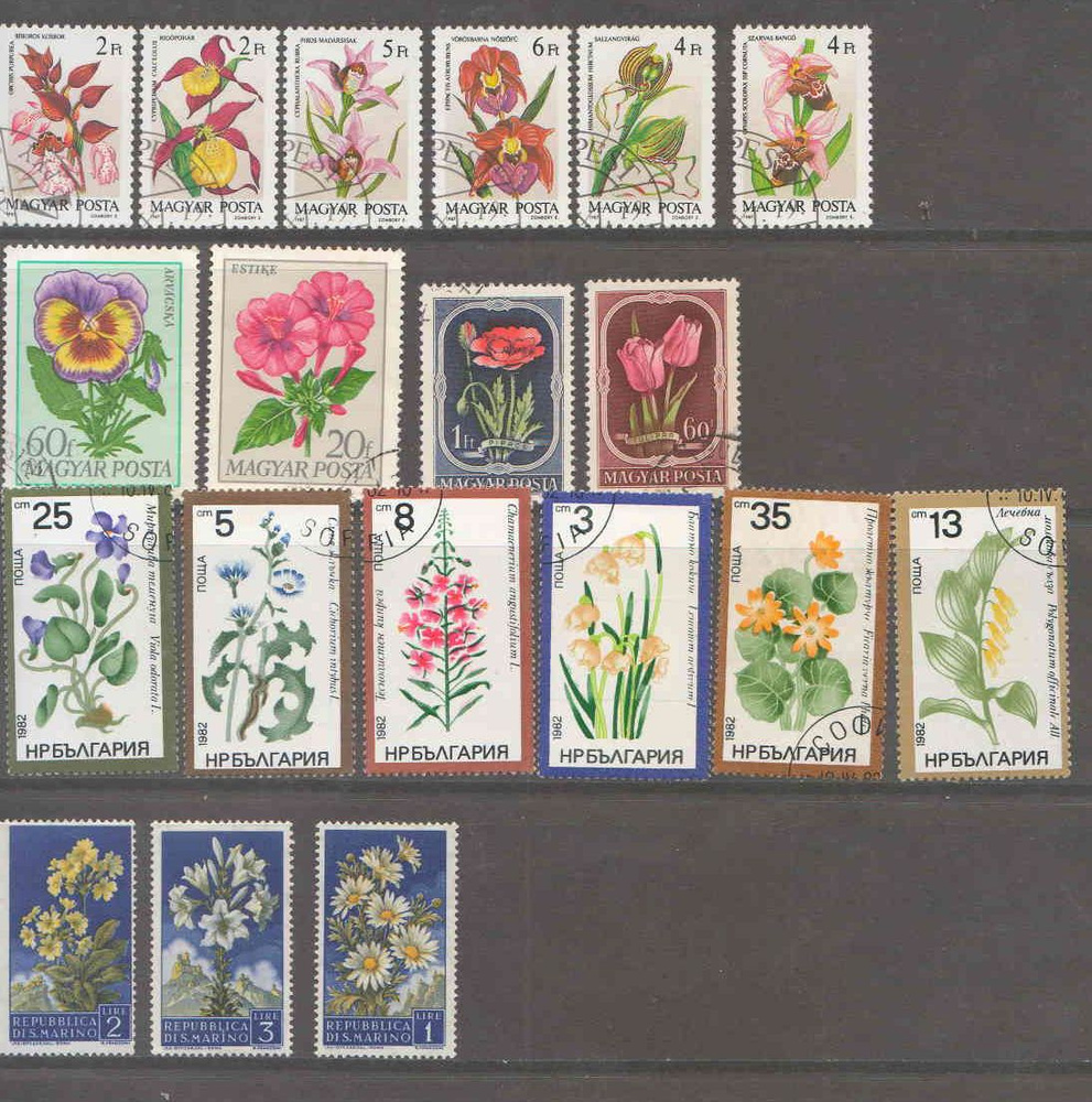 Набор из 19 почтовых марок "Цветы. Флора". Бельгия-Венгрия, 1980-1990  #1