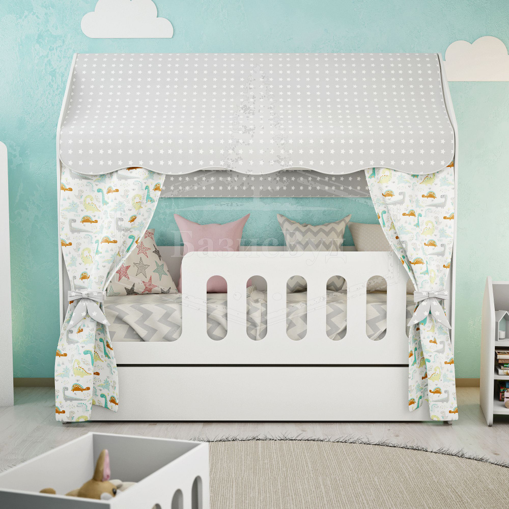 Кровать-домик, Кровать детская с бортиком под матрас 160х80, БазисВуд "Классик" с текстилем (серый с #1