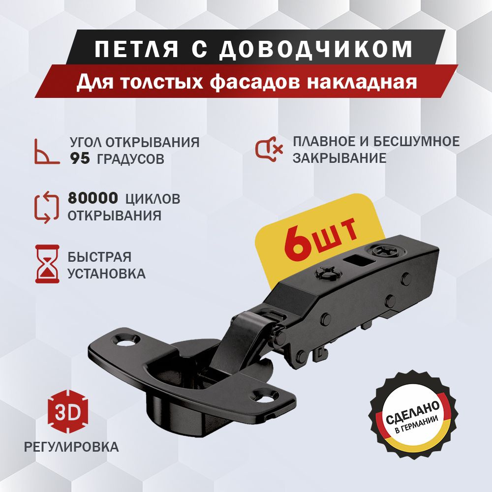 Петля мебельная Hettich Sensys 8631i Black для толстых фасадов накладная, угол открывания 95 градусов, #1