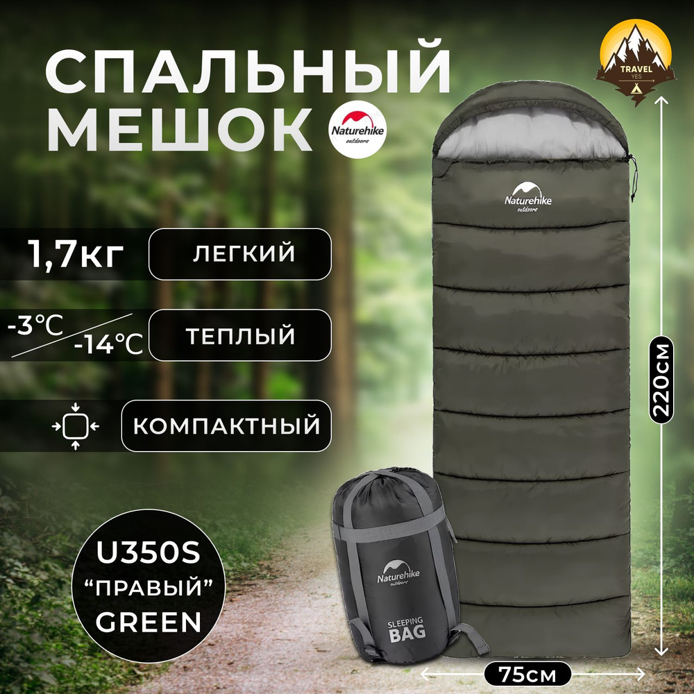 Спальный мешок Naturehike u350S, до -17С, 190+30см, зеленый, правый спальник  #1