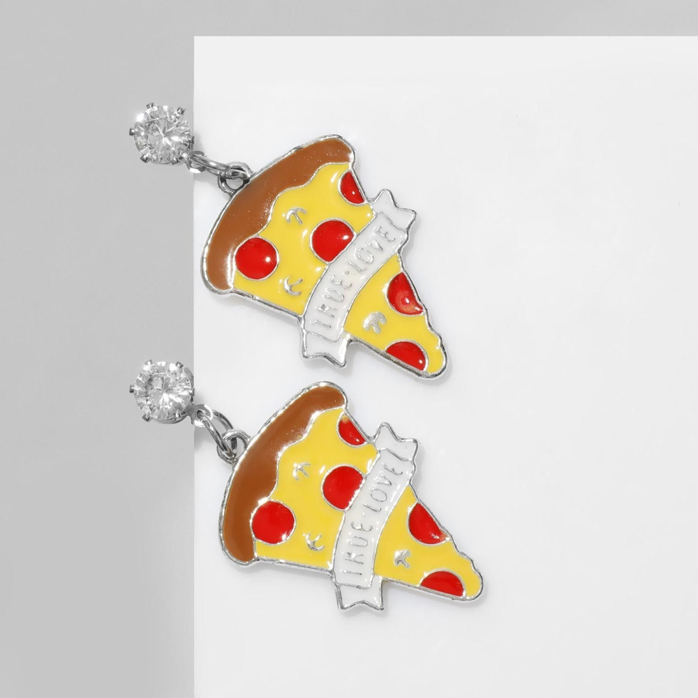 Серьги эмаль TRUE LOVE пицца, цветные в серебре #1