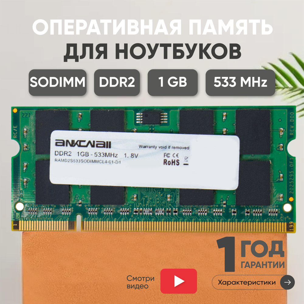 Ankowall Оперативная память (ОЗУ, оперативка) для ноутбука, DDR2, 1Gb, 533MHz, 1.8V, SODIMM, PC2-4200 #1