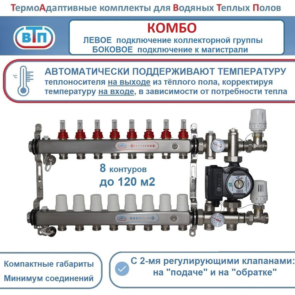 Термоадаптивный комплект ВТП КОМБО.Л.БП 8 контуров, коллектор слева, Комплект коллекторов для теплого #1