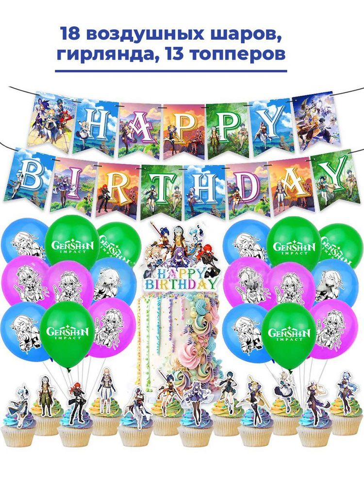 Декор набор С Днем рождения Геншин Импакт Genshin Impact гирлянда топперы шары лента  #1